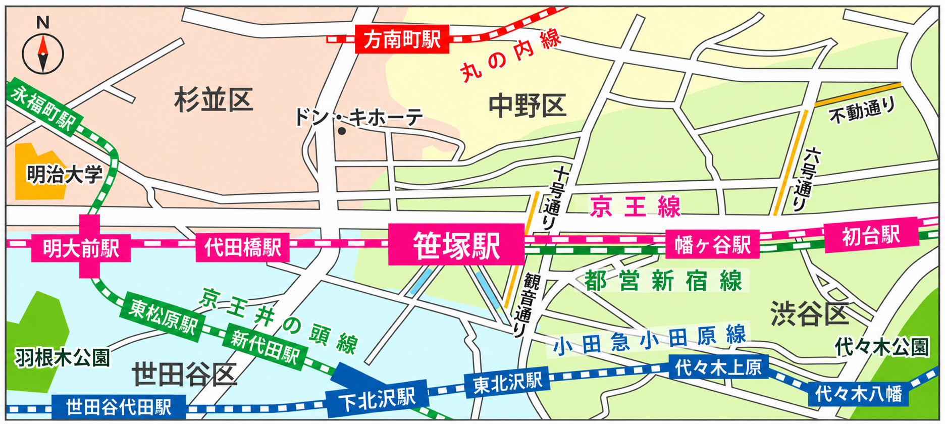 笹塚・代田橋・幡ヶ谷・初台、京王線・京王新線、甲州街道、玉川上水緑道などを示す笹塚周辺エリアマップ